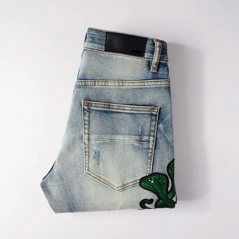 High Street Fashion Men Jeans Retro Washed Blue Elastic Stretch Skinny Ripped Jeans Men Cobra Patch Designer Hip Hop Brand Pants
