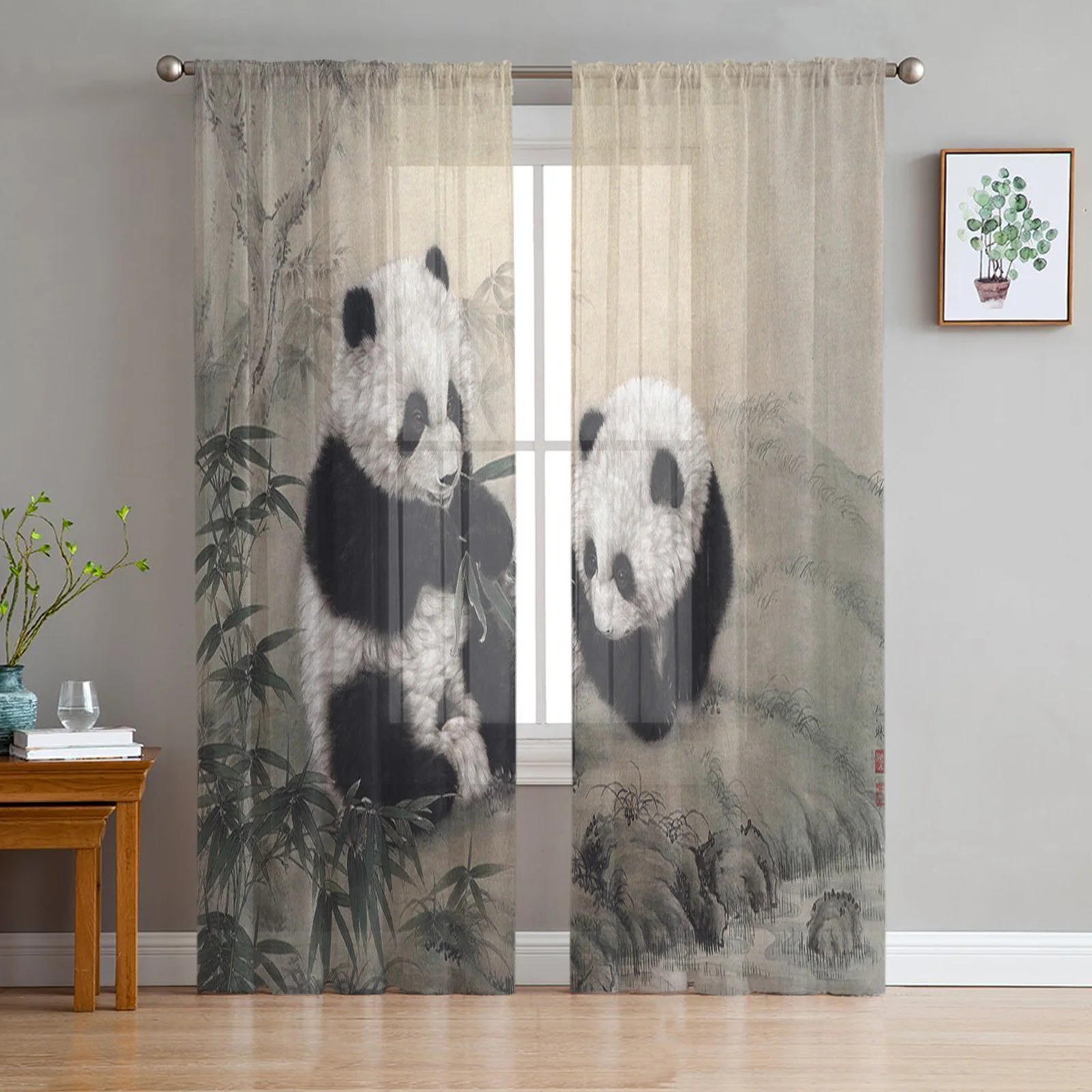

Panda Bamboo Chinese Style Sheer Window Curtains for Bedroom Drapes Home Decor Tulle Curtains for Living Room Chiffon Curtains