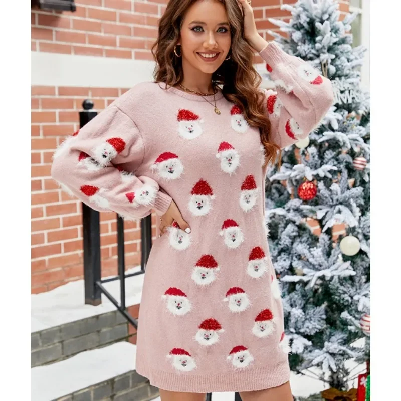 

New Women Sweater Dress Christmas Old Man Head O-neck Winter Clothes Dresses Ropa De Invierno Para Mujer Ladies Fashion Costumes