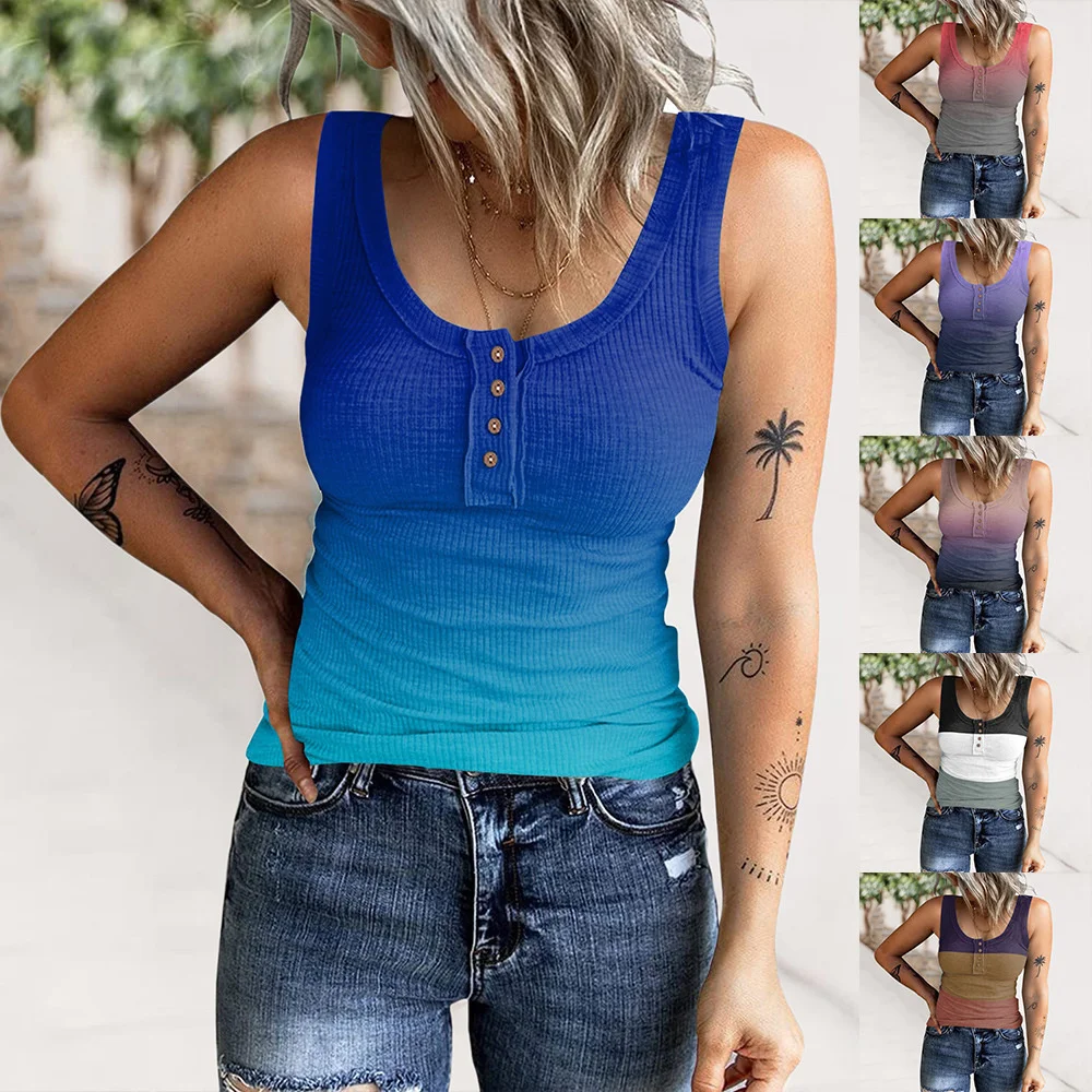 

Женская Повседневная майка на пуговицах, облегающая футболка без рукавов с градиентным переходом цветов и принтом, лето 2022
