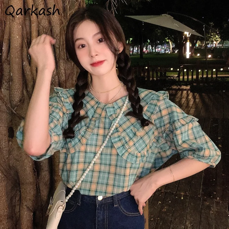 

Green Plaid Blouses Women Peter Pan Collar Sweet Preppy Style Cute All-match Summer Thin Design Students Ulzzang Stylish Mujer