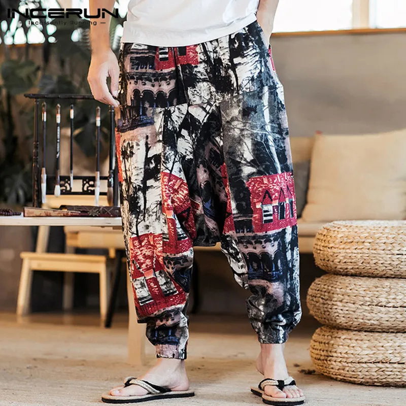 

INCERUN 2023 Men Harem Pants Print Retro Drop-crotch Joggers Cotton Trousers Casual Streetwear Loose Ethnic Style Trousers S-5XL