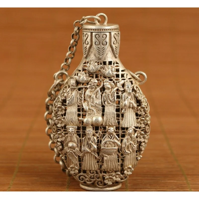 

chinese old tibet silver hollow carved 8 immortals snuff bottle netsuke Box