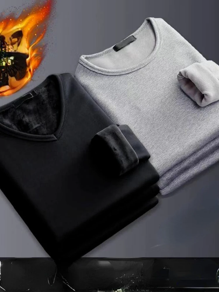 2022 2Pcs Mens Underwear Winter Men's Long-sleeved Thermal Underwear Plus Velvet Padded T-shirt Round Neck Slim Bottoming Shirt