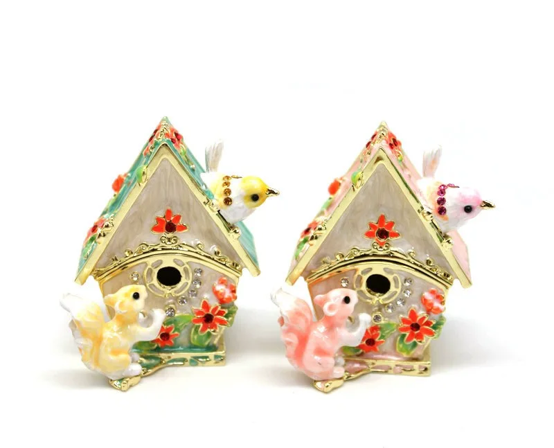 Squirrel Bird House Trinket Box Hinged Enameled Jewelry Box Hand-Painted Classic Animals Ornaments Craft Gift