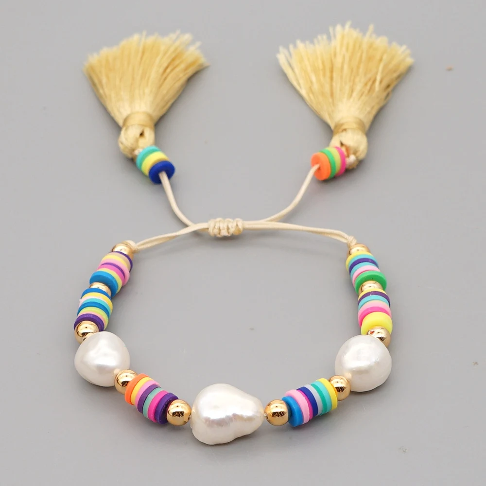 

YASTYT Freshwater Baroque Pearl Bracelet Jewelry For Women Polymer Clay Heishi Beads Tassel Bracelets Summer Beach Pulseras