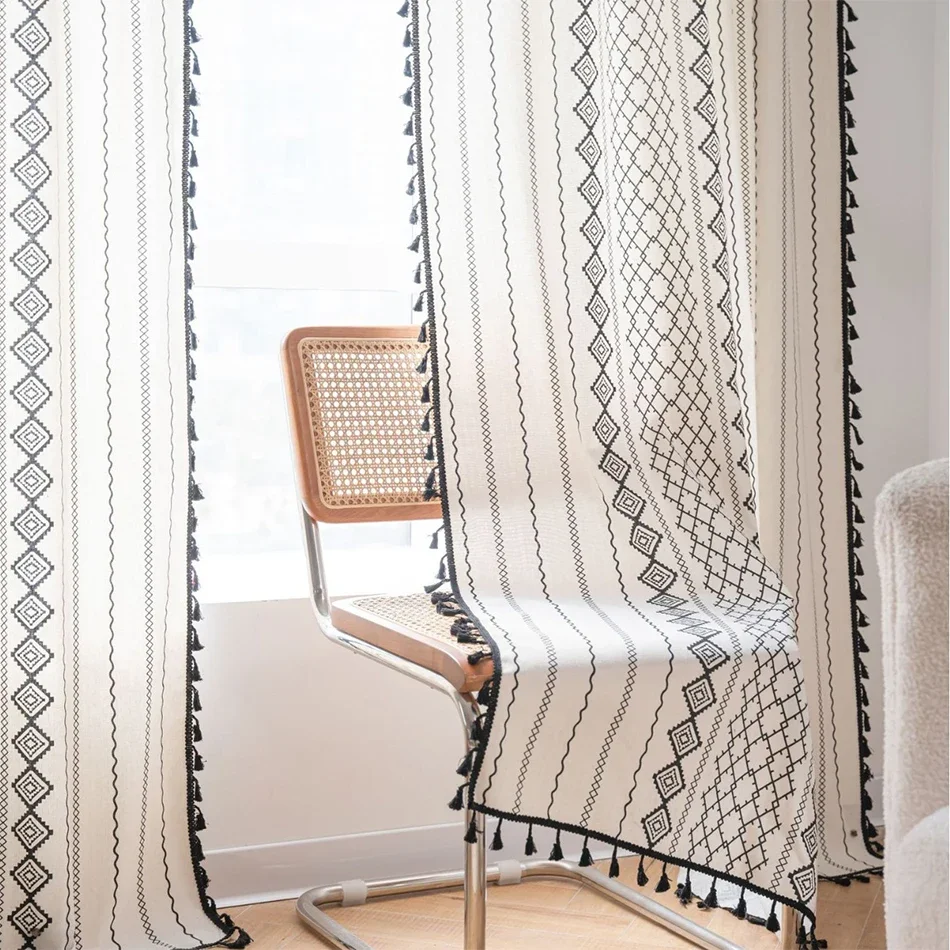 Льняные шторы с геометрическим узором дорожные карманные кисточками для кухни