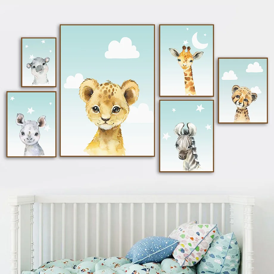 

Boho Nursery Poster Lion Elephant Giraffe Zebra Leopard Hippo Wall Art Print Canvas Painting Animal Picture Baby Kids Room Decor
