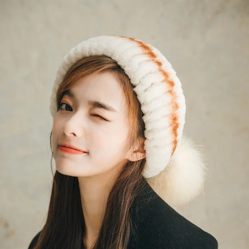 Winter Sweet And Cute Fluffy Hat Korean Fashion Rex Rabbit Fur Hat Ladies Luxury Fox Fur Ball Decorated Large Stretch Hat