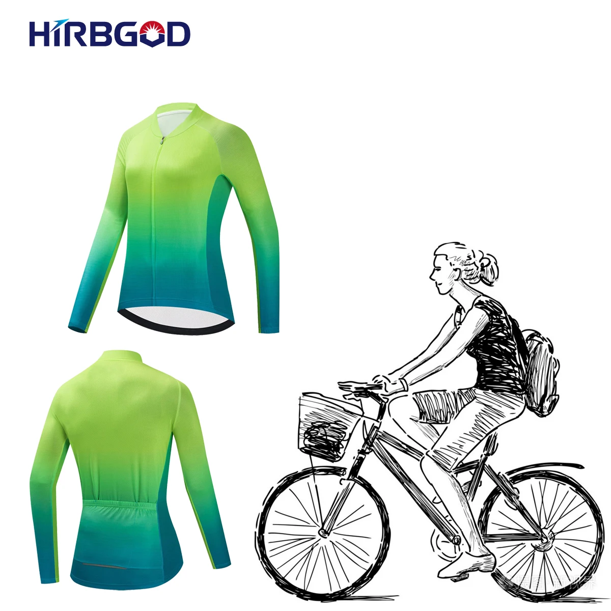 

HIRBGOD High Quality Long Sleeve Cycling Jersey with Reflective Effect MTB Top Women Maillot Bike Green Printing Mountain Shirt