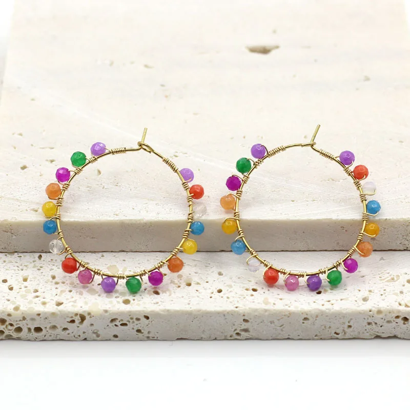 

2023 New Street Shooting Color Stone Beads Winding Female Earrings Stainless Steel Gold-plated Earrings For Women Trend Jewelry