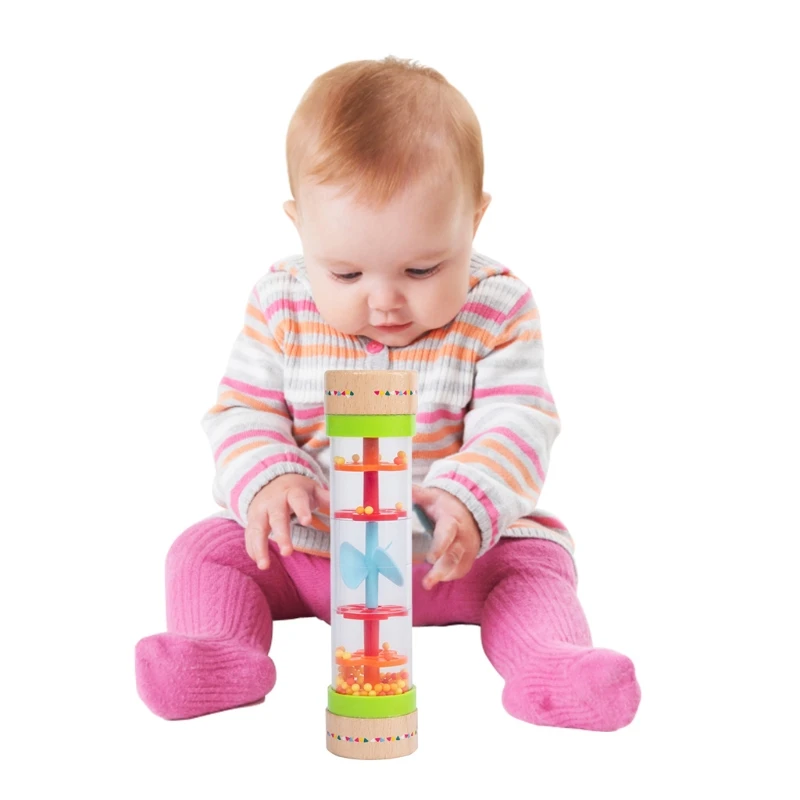 

Q0KB Wooden Rainmaker Rattle Toy Beaded Raindrops Rainfall Tube Hourglass Mini Muscial Stick Shaker Toys for Toddlers Kids Music