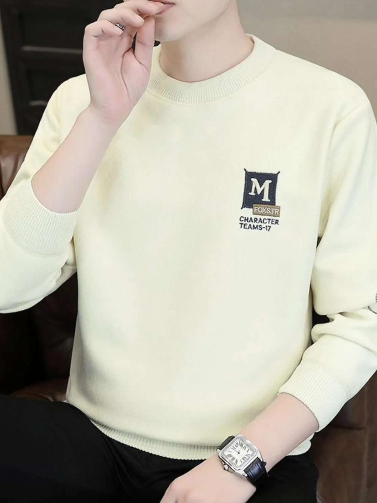 Цельный бархатный утолщенный повседневный мужской свитер с круглым вырезом