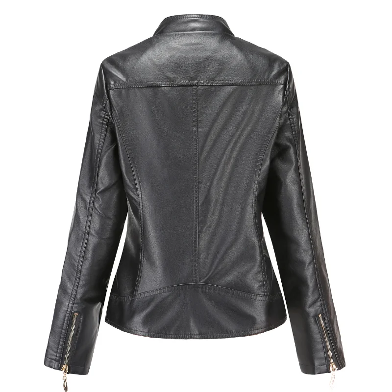 Spring and Autumn Large Size Temperament Stand Collar PU Leather Jacket Women's Leather Coat enlarge
