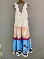 Sexy Deep V-Neck Long Dress 2022 Summer Style Women Tropical Prints Cross String Backless Casual Long Beach Maxi Dress Vestido