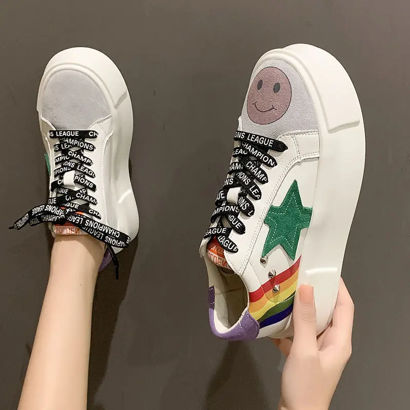 Girls' Little White Shoes, Girls' 2023 Spring and Autumn New Student Korean Version Versatile Matsuke Thick Sole Elevated Casual