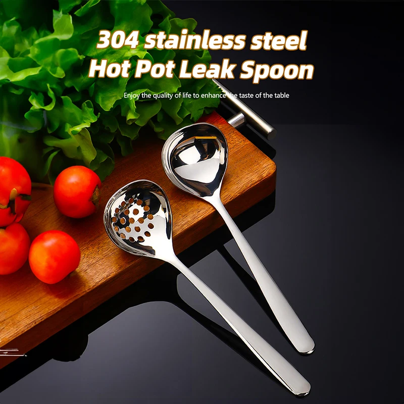 

304 Stainless Steel Spoon Colander Long Handle Large Capacity Hot Pot Soup Spoon Deepen Drinking Porridge Spoon Kitchen Tools