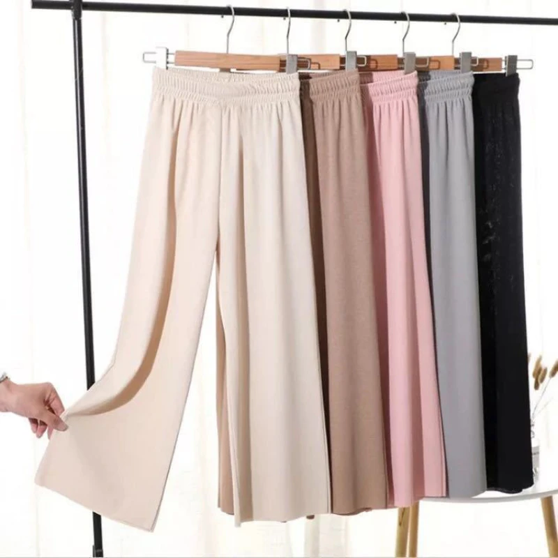 

Summer Ice Silk Cropped Pants For Women Streetwear Loose Basic High Waist Wide Leg Trousers Balck Pink Casual Baggy Pants