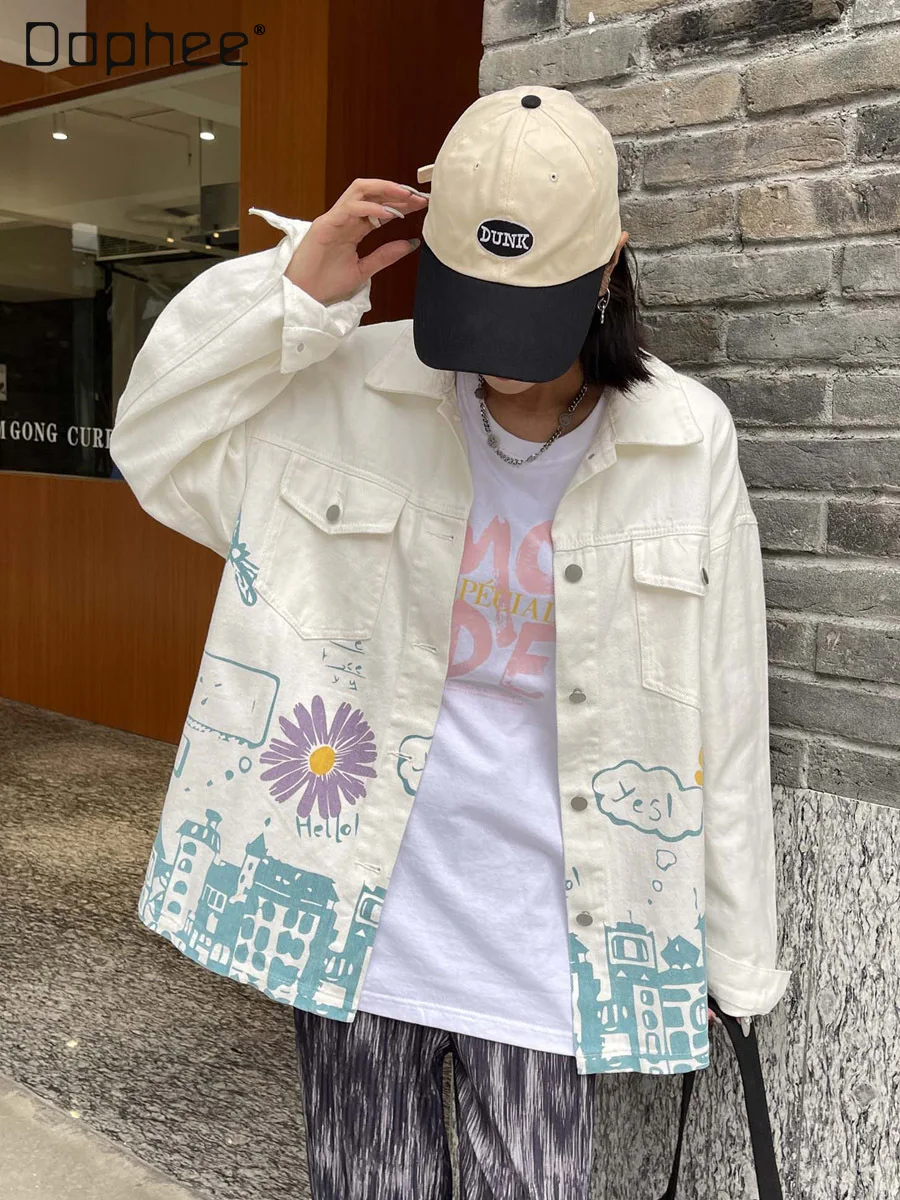 

Женский джинсовый блузон в стиле Харадзюку, свободная Повседневная белая женская джинсовая куртка-поло с воротником и принтом граффити, осень 2022