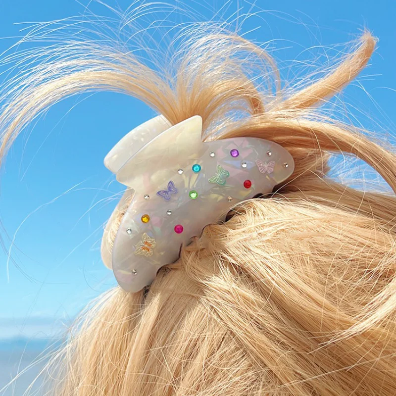 

Women Hair Claw Multicolor Rhinestone Acrylic Hair Claw Clip Sweet Girls Cute Butterfly Print Barrettes Hair Styling Headdress