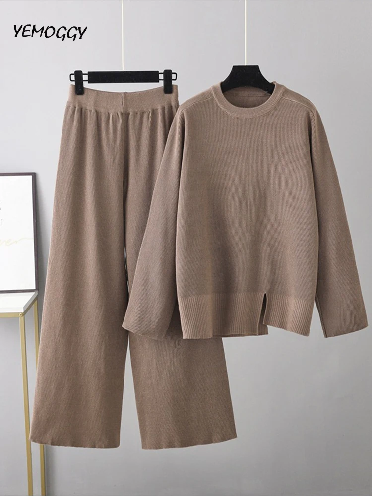 

Autumn Loose Slit Sweater 2/Two Piece Women Sweater Tracksuits Fashion Wide Leg Pant Suits Female Casual Pants Sets Sportsuits