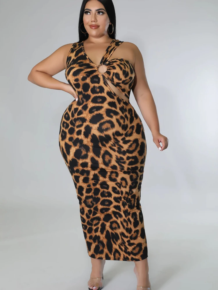 

Bodycon Party Dresses Sleeveless Leopard Printed Women Cocktail Event Occasion Gowns Robes Plus Size 4XL 5XL Sheath Midi Outfits