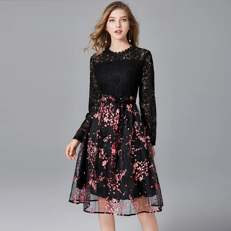 

Women Dresses Vintage Lady Dress High Street Waist Print Full Length Black Women Lace Dress Summer Dress Dresses RE969