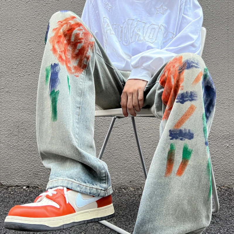 Cotton Euro-american Vibe Pants INS High Street Tie-dye Jeans for Men American Style HiPHOP Loose Straight Leg Wide Leg Pants