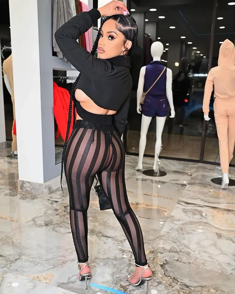 

2022 New Product Pure Black Sheer Mesh Striped Patchwork High Waist Classic Pencil Pants Sexy Women Trousers Wholesale