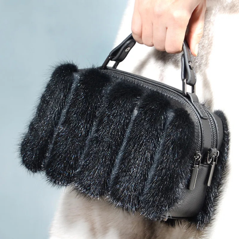 Fashion High-end New Women's Bag High-end Mink Fur Bag Literary Shoulder Bag Messenger Bag Trend Double Zipper Square Casual Bag