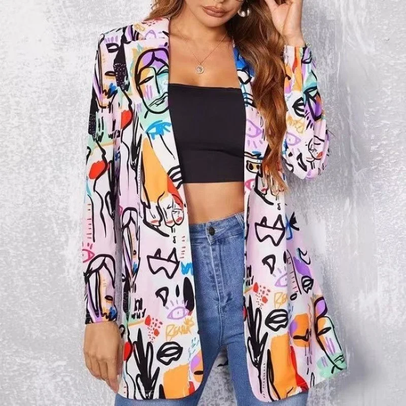 

Bohemian Coats For Women Graffiti Print Suit Coats High Street Coats Female American Fashion Coats Casual Women's Versatile Coat
