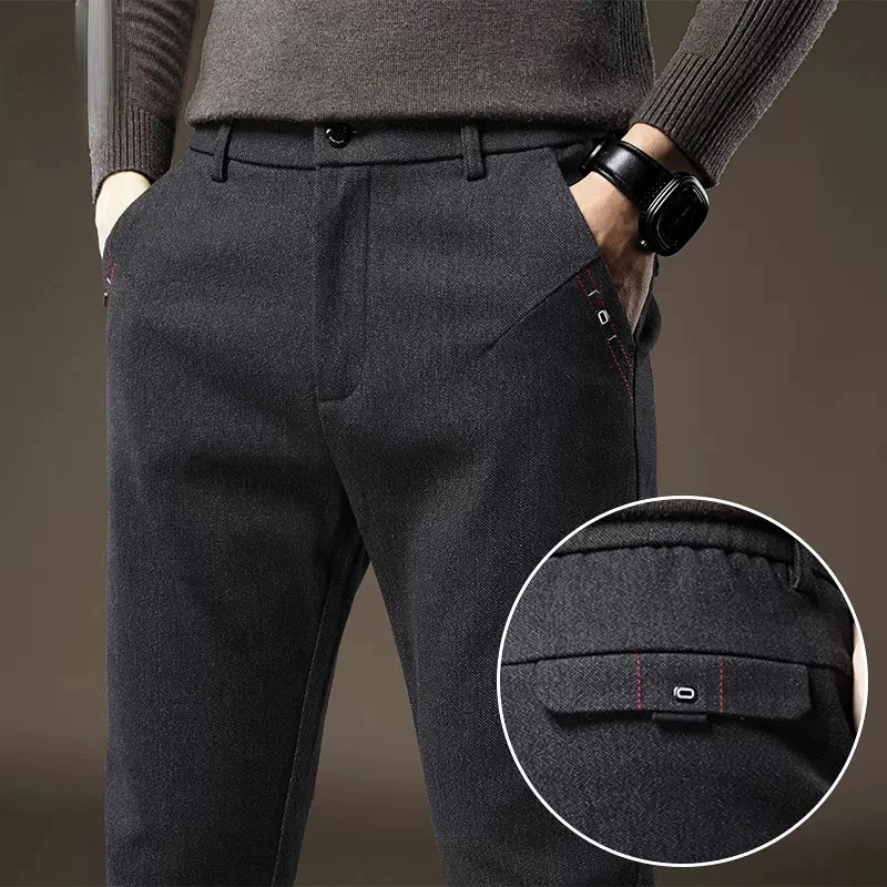 

Spring Autumn High Quality Stretch Brushed Fabric Pants Men Thick Elastic Waist Cotton Slim Business Black Blue Casual Trousers