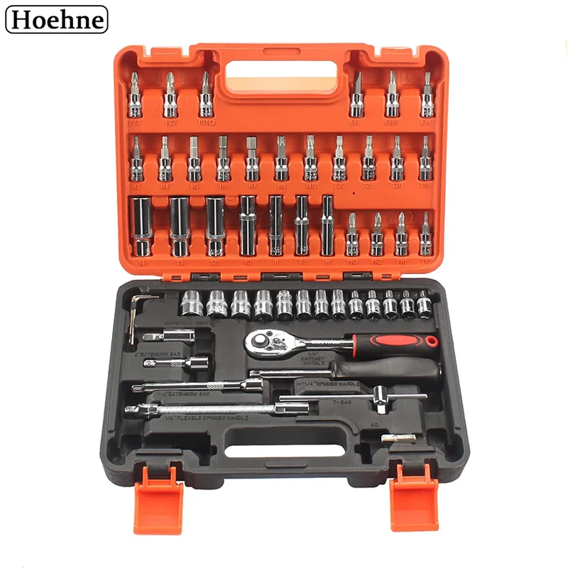 

53 в 1 Набор торцевых гаечных ключей с храповым механизмом 1/4 дюйма, удлинитель, универсальный комплект инструментов с глубоким разъемом для ...