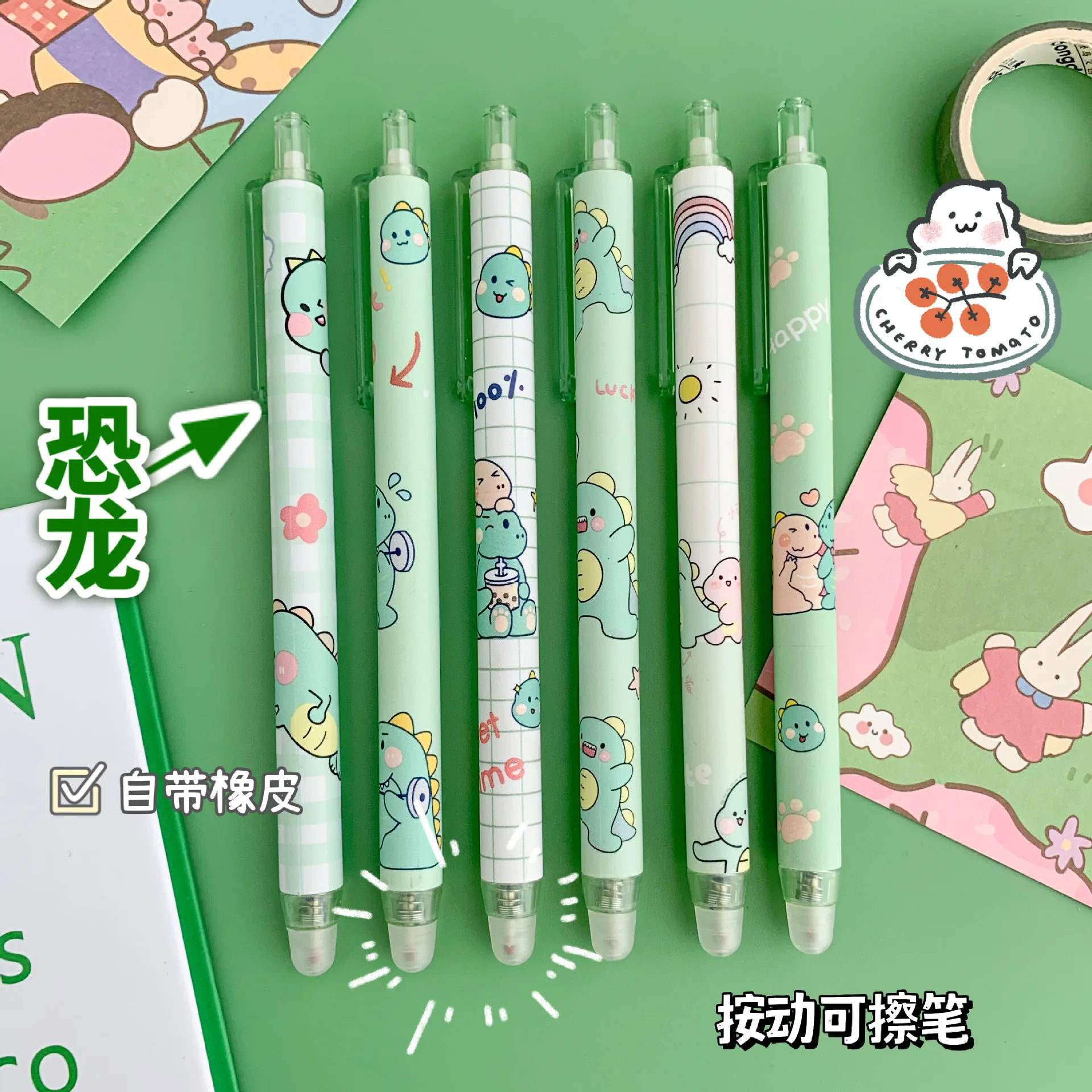 

6PCS Cartoon Series Press Gel Pen 0.5mm Student Office Supplies Kawaii Erasable Black Press Pen