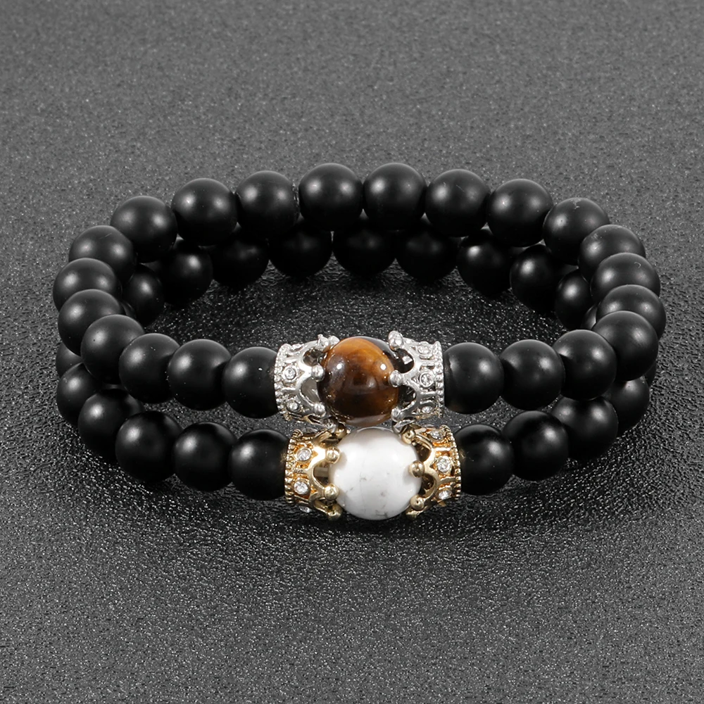 

OAIITE 2Pcs/Set Couples Distance Bracelet Natural Black Agate Stone Bracelets Bangle for Men Women Best Friend Elastic Jewelry