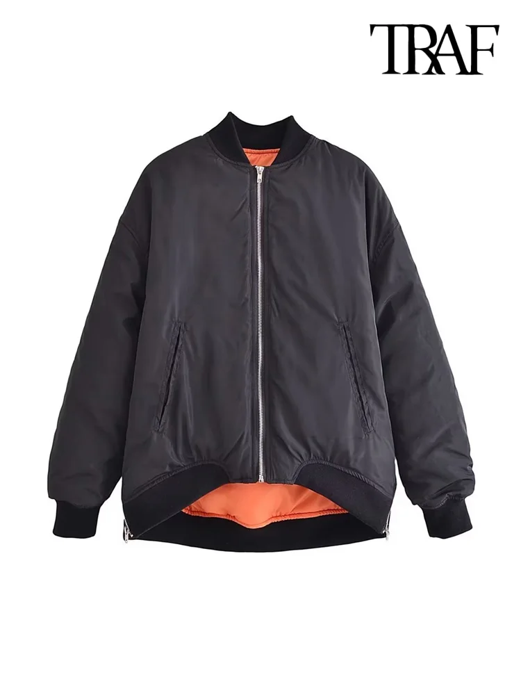 

TRAF Women Fashion Oversized Thick Warm Padded Bomber Jacket Coat Vintage Long Sleeve Zipper-up Female Outerwear Chic Tops