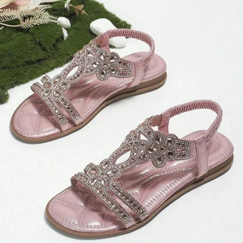 Women Hollow Sandal Glamorous Rhinestone Decor Glamorous Sandals 2023 New Ankle Strap Summer Outdoor Slippers Casual Woman Shoes