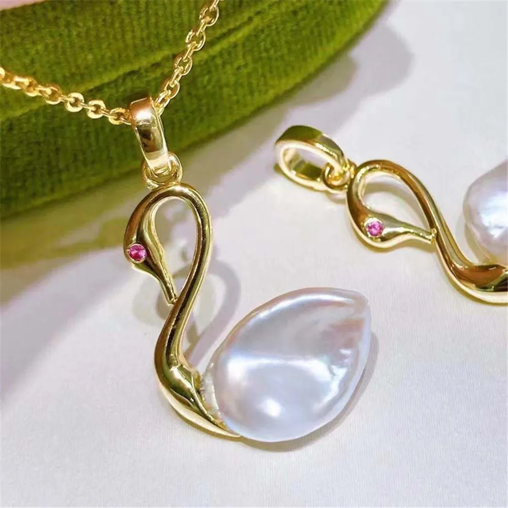 

DIY Pearl Accessories S925 Sterling Silver Pendant with Empty Holding Swan Style Jade Necklace Pendant with 10-15mm Beads