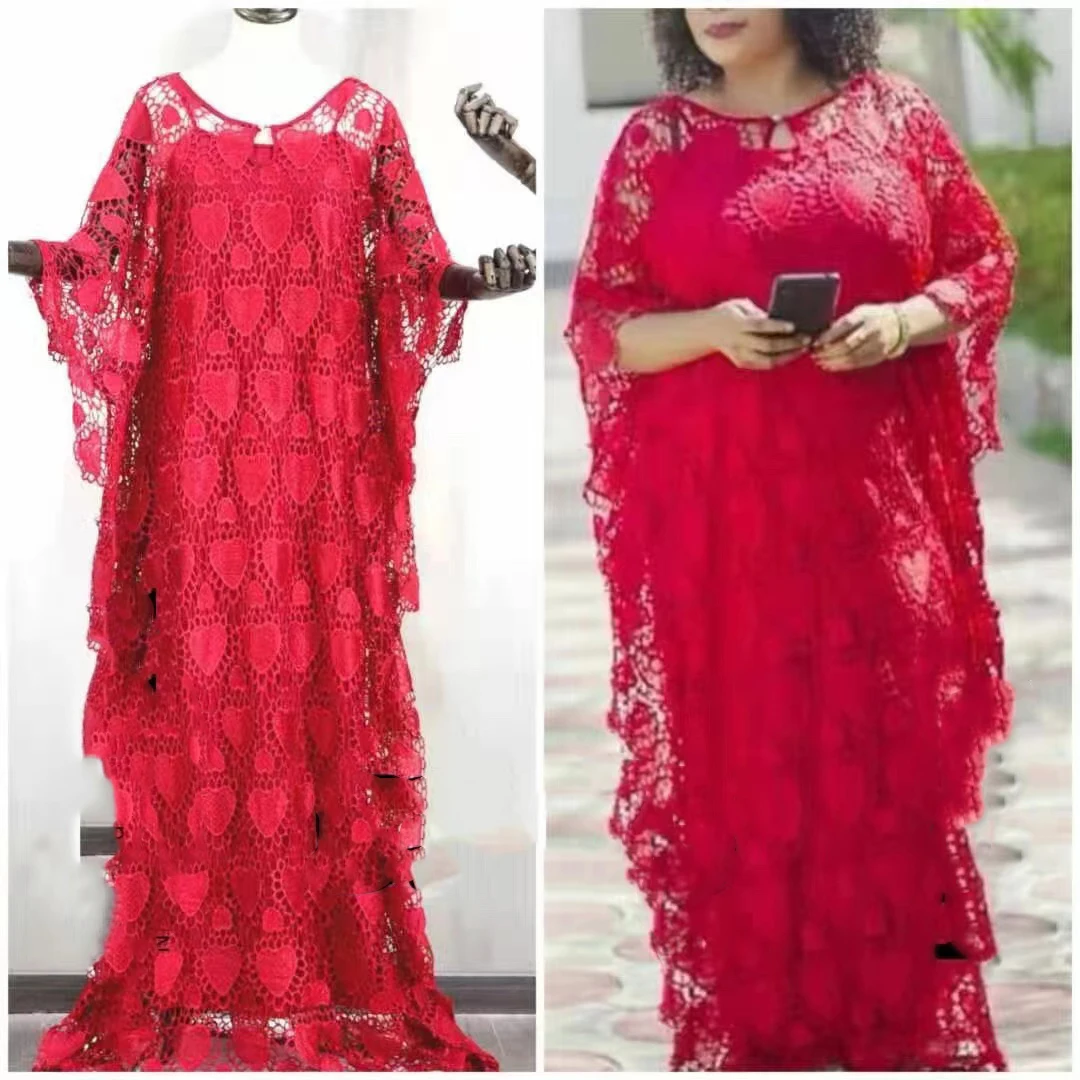

New Style Classic African Clothing Women Dashiki Guipure Cord Lace Abaya Stylish Loose Long Dress + Inside Skirt Free Size YA KA