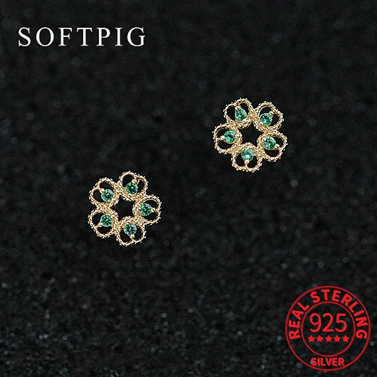 

SOFTPIG Real 925 Sterling Silver Green Zircon Flower Stud Earrings For Fashion Women Cute Fine Jewelry Minimalist Plant Bijoux