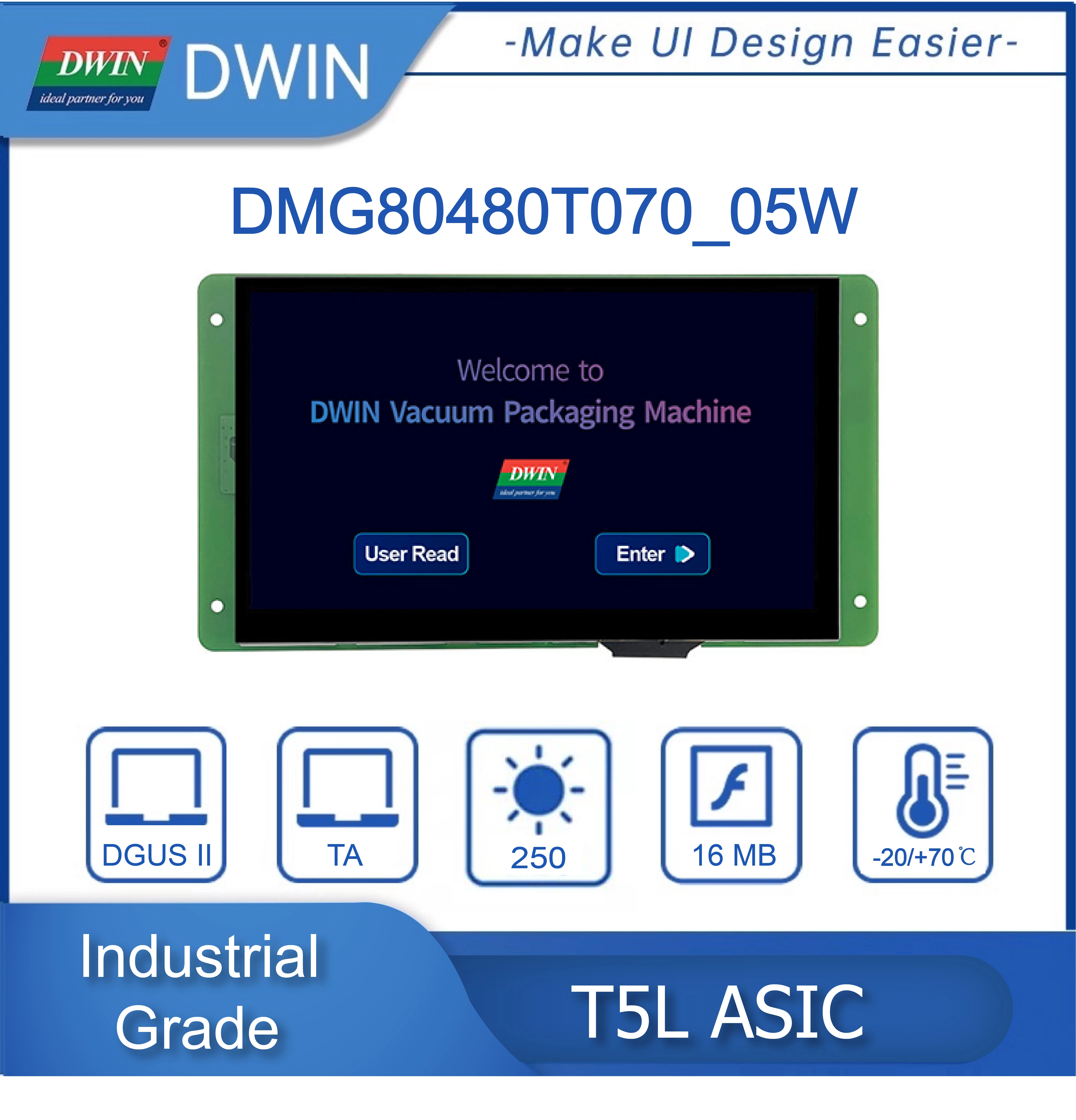 DWIN 7.0 Inch TFT LCD Display 800*480 262K Color HMI Smart Screen  RS232/TTL  Resistive/Capacitive Touch Panel DMG80480T070_05W