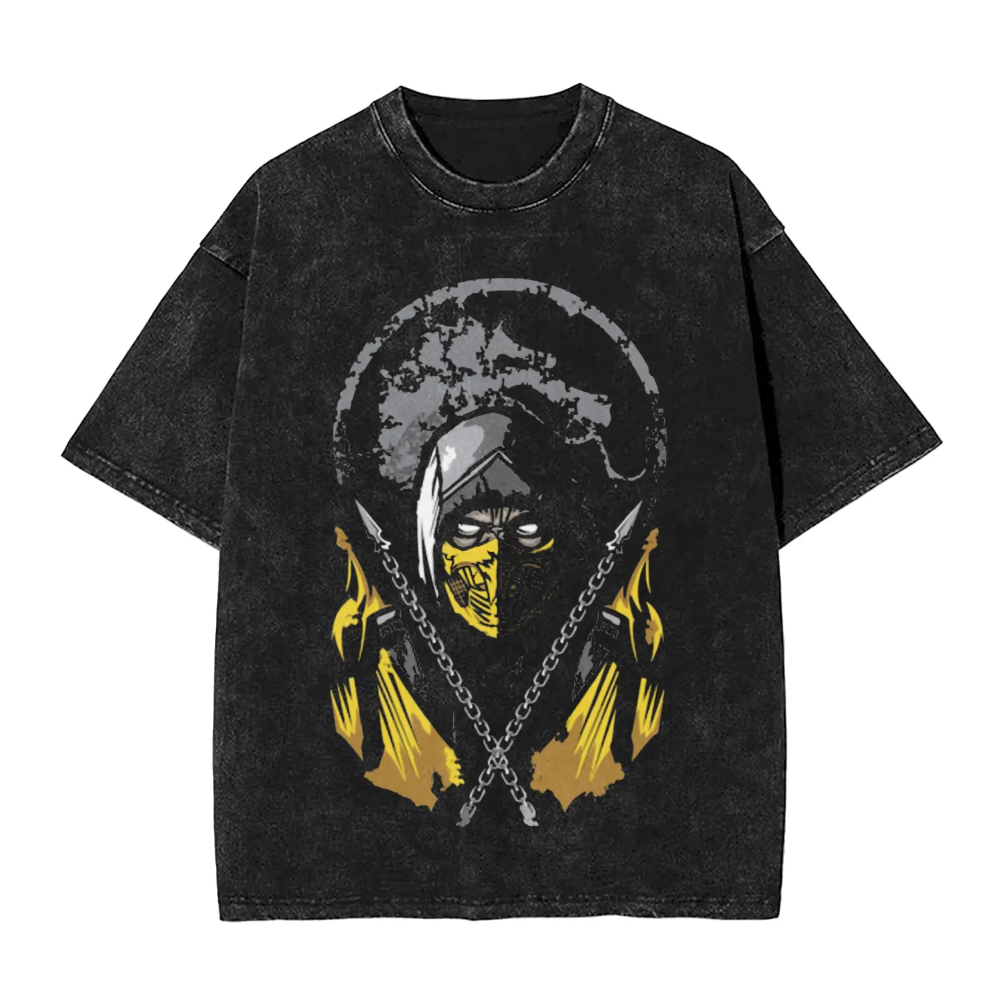 Фото Футболка оверсайз с эффектом потертости Mortal Kombat Scorpion MK11, новая игровая футболка, уличная одежда, летний топ с коротким рукавом для мужчин №1