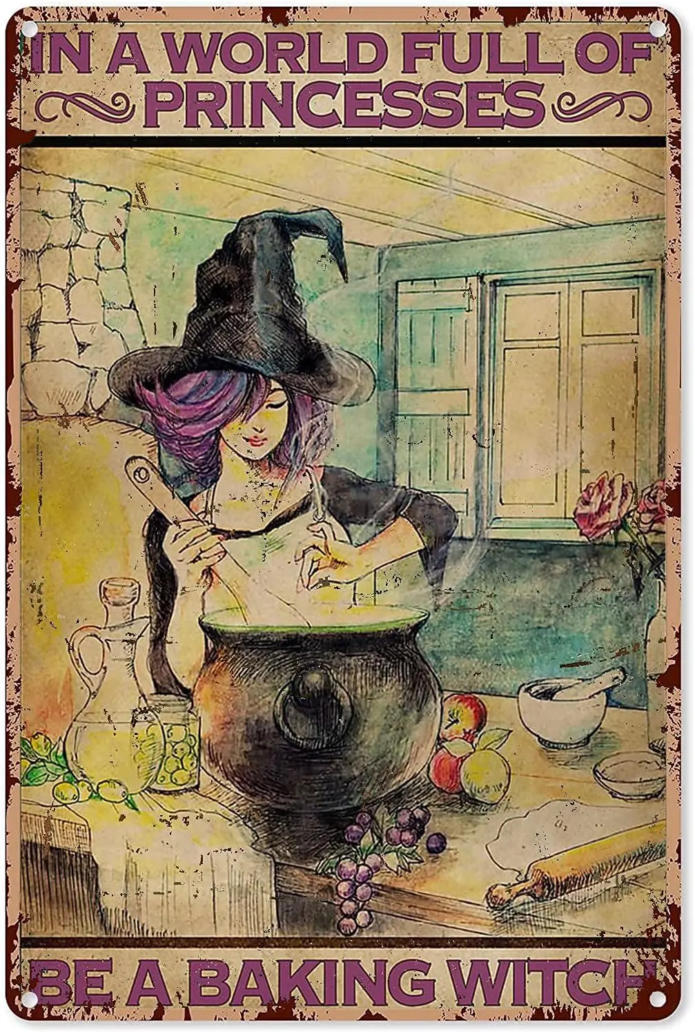 

Halloween Metal Tin Sign Witch Kitchen Decor in A World Full of Princesses Be A Baking Witch Hippie Girl Iron Painting for Home