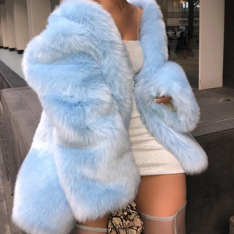 sky blue Loose Faux Fur Thickened Fluffy Jacket Women Winter Fluffy Luxury Overcoat High Quality Long Cropped h Coat luxury