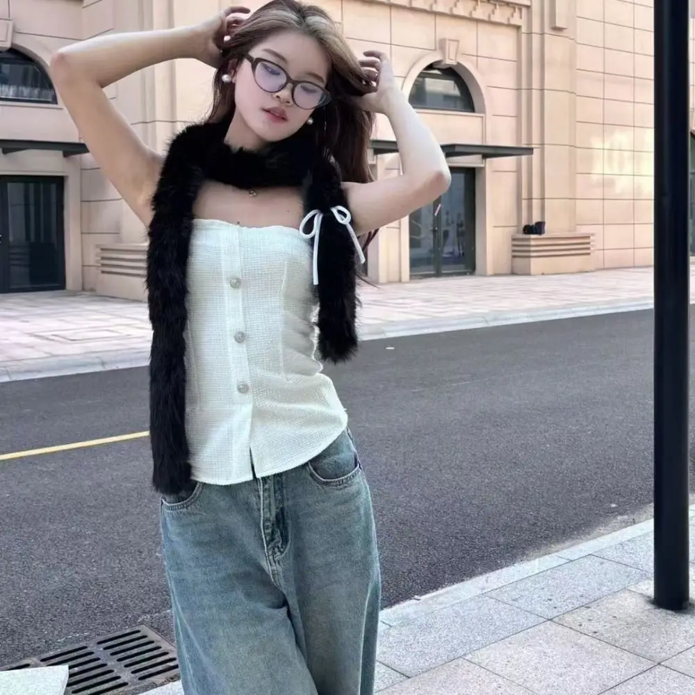 Модный однотонный шарф с бантом Y2k Harajuku сладкий меховой пушистый роскошный