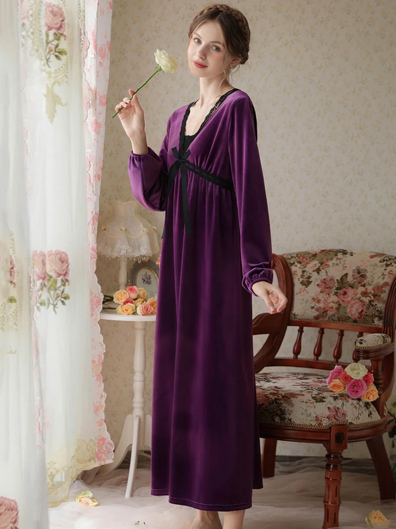Women Spring Velour Robe V-Neck Backless Long Night Sleep Dress Pleuche Velvet Sleepwear Princess Nightwear Vintage Nightgowns
