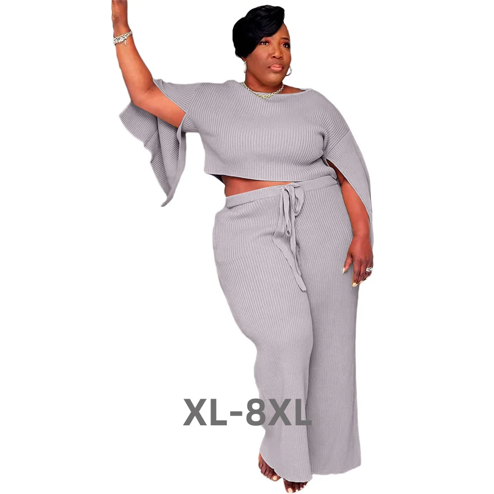 

Plus Size New Women Clothing Two Piece Set Casual Slip Sleeve Ribbing Super Stretch Elegant Pants Sets Wholes 3xl 4xl 5xl 6xl