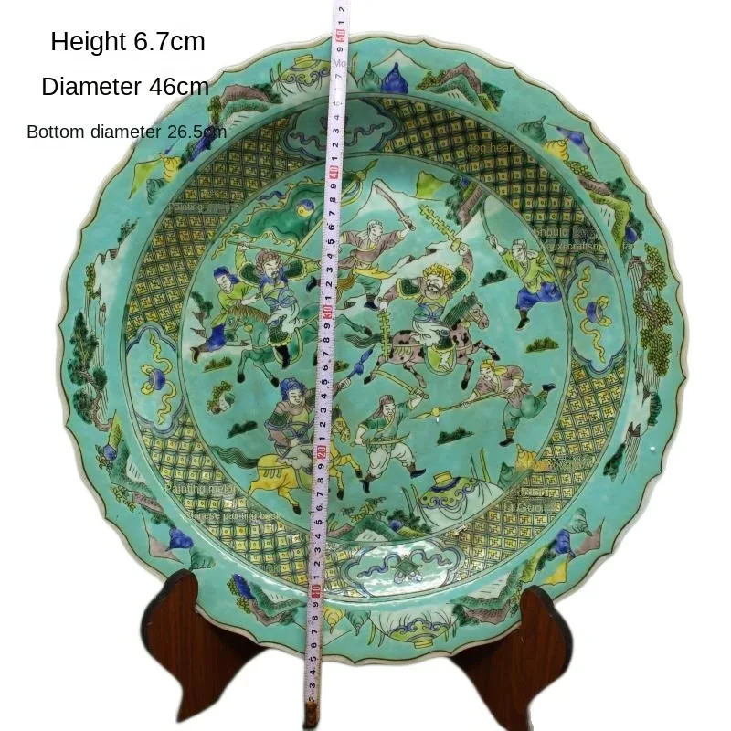 

Qing Dynasty Kangxi Year Green Pastel Figures Plate Handmade Antique Pottery Porcelain Home Furnishing Collection