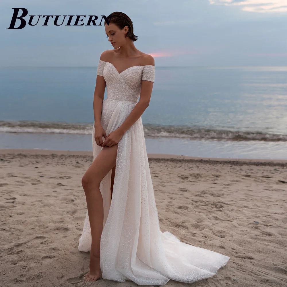 

COZOK Sexy High Slit Wedding Dress Strapless Lace Aline Bridal Gown Off Shoulder Backless With Court Train Customised