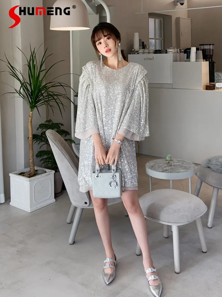 

Женское свободное платье выше колена, элегантное легкое платье с серебристыми пайетками в Корейском стиле, весна 2023